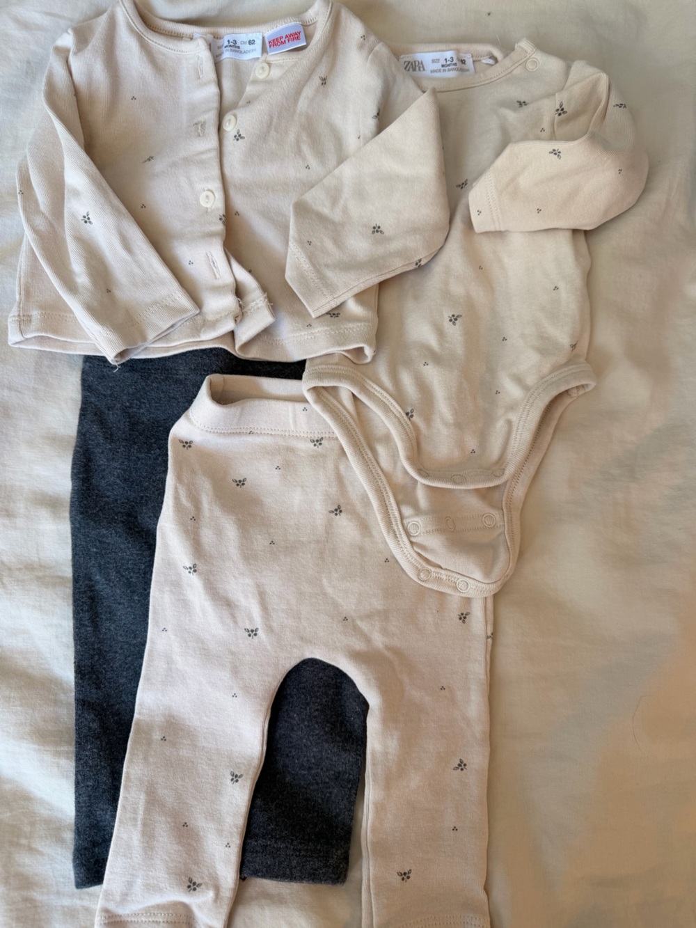 Zara Beige and gray Baby Bodysuit, pant, and cardigan set